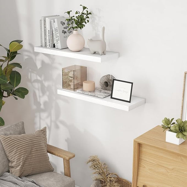 Fun Memories 32" W x 9.3" D Floating Shelves in White, Rustic Wood Deep Shelves for Bedroom, Kitchen, Living Room, Long Floating Shelf for Wall, Storage Display Wall Shelf for Books Decor