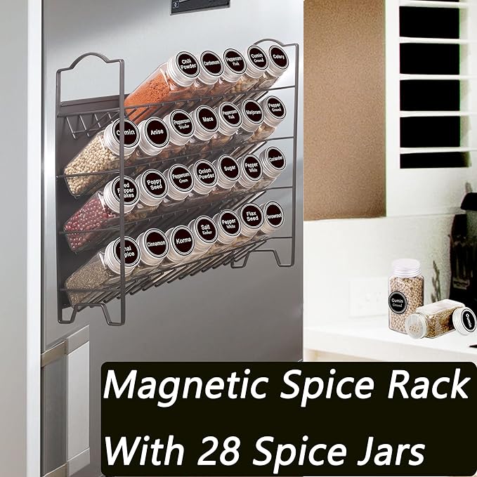 SWOMMOLY Magnetic Spice Rack Organizer with 28 Glass Spice Jars, 396 Spice Labels with Chalk Marker and Funnel Set for Refrigerator, Metal Fridge, Microwave, Cabinet, Countertop,12.9