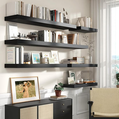 30 Inch Floating Shelves | 12 Inch Deep Black Floating Shelves Set of 2 | 30" W x 12" D Rustic Wood Shelves for Wall | Deep Black Shelves for Living Room Bathroom Laundry Room Kitchen