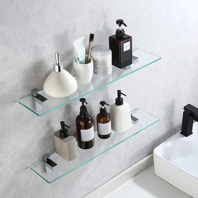 KES Glass Shelf for Bathroom, 24 Inch Bathroom Shelf with Tempered Glass and Polished Chrome Bracket Wall Mounted 2 Pack, BGS3201S60-P2