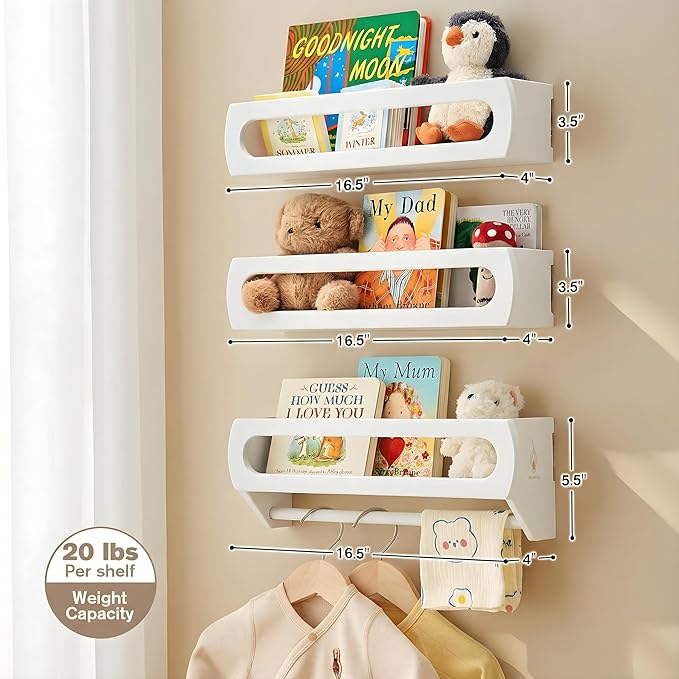 Nursery Book Shelves, Premium Bamboo Wood, Fully Assembled - Nursery Decor, Book Shelf for Kids Rooms, Multi-Use Floating Shelves for Wall with Hanger Bar, Set of 3 (White, 16.5 Inches)