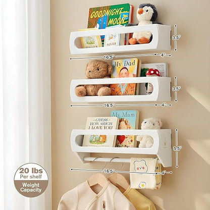 Nursery Book Shelves, Premium Bamboo Wood, Fully Assembled - Nursery Decor, Book Shelf for Kids Rooms, Multi-Use Floating Shelves for Wall with Hanger Bar, Set of 3 (White, 16.5 Inches)