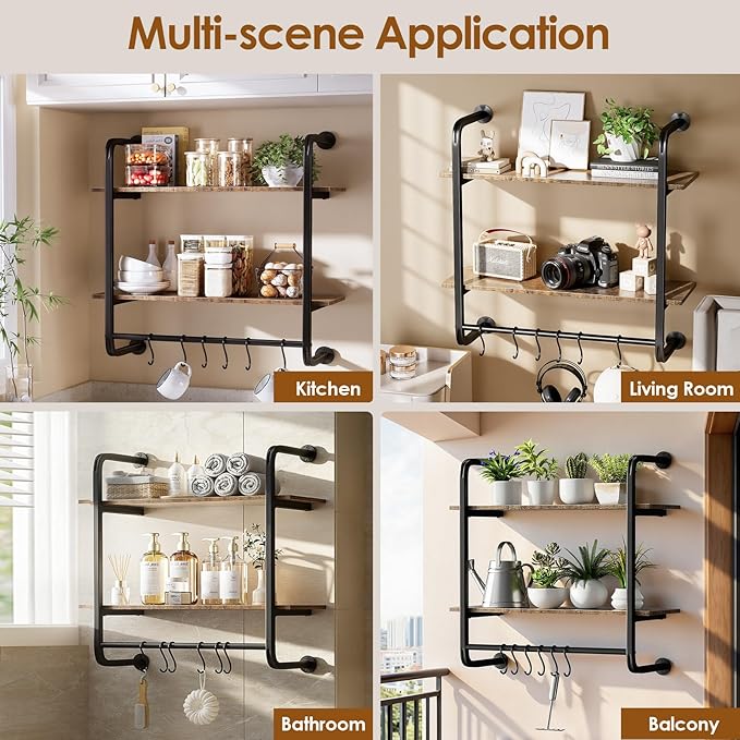 2 Tier Industrial Pipe Shelving, 24" Kitchen Shelves Wall Mounted with 6 Hooks, Coffee Bar Shelves Display Bookshelf Wall Shelf for Bedroom, Bathroom, Home Décor, Rustic Brown