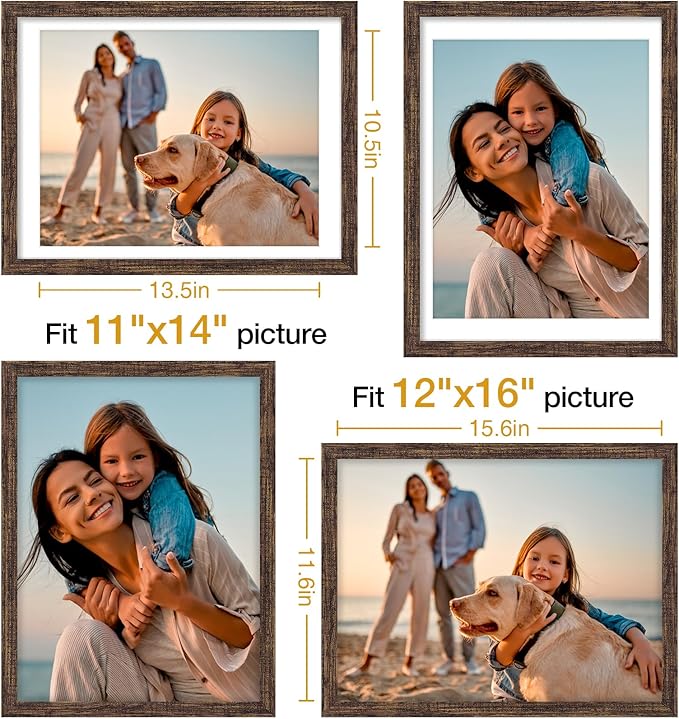 Vittanly 12x16 Picture Frames Set of 4, Display Pictures 11x14 with Mat or 12x16 without Mat, Gallery Frame for Wall Display, Engineered Wood with Shatter Resistant Plexiglass, Rustic Brown