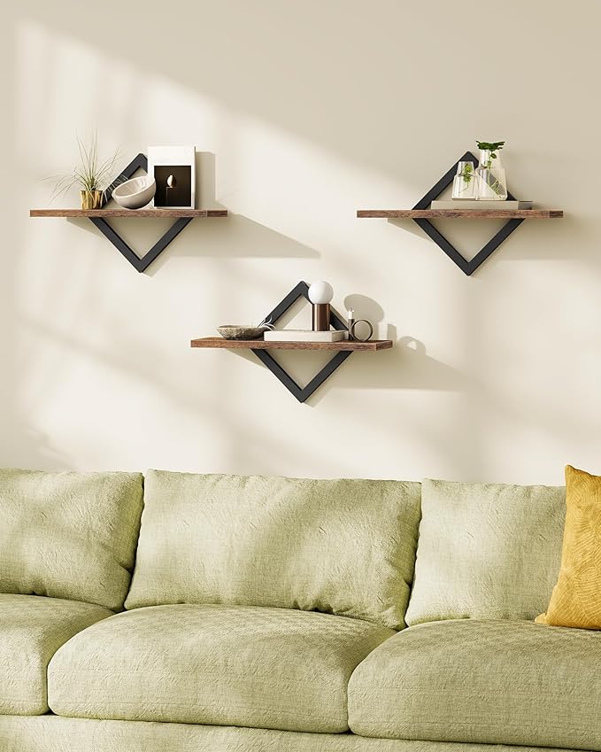 Floating Shelves for Wall, Set of 3 Wall Mounted Storage Shelves for Living Room, Bedroom, Kitchen, Bathroom, Rustic Brown TBJ03P3BF