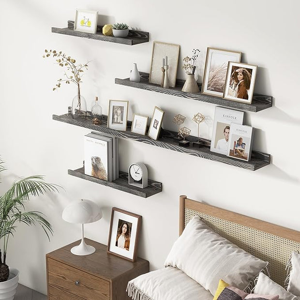 Picture Ledge Wall Shelves - 24 Inch Width Set of 3, Solid Pine Wood Rustic Floating Ledge Shelves for Kids' Room, Bedroom, Kitchen, Bathroom, Living Room, Nursery Display Wall Decor, Grey