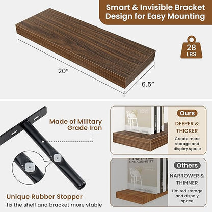fuqing Floating Shelves for Wall, Wall Mounted Wood Floating Shelf with Invisible Brackets for Living Room, Bathroom, Bedroom, Kitchen Storage and Decor, 20 Inch Set of 2, Walnut