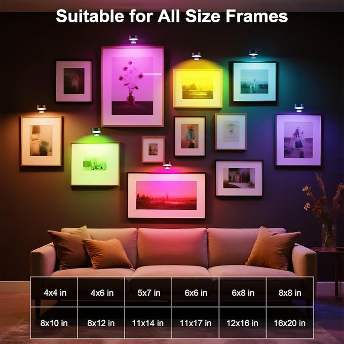 maylit 6 Pack RGBW Picture Lights for Wall, Rechargeable Battery Magnetic Poster Lights, Remote Dimmable Timer Painting Light, Wireless Wall Room Decor Light for Art Display, Frame, Black