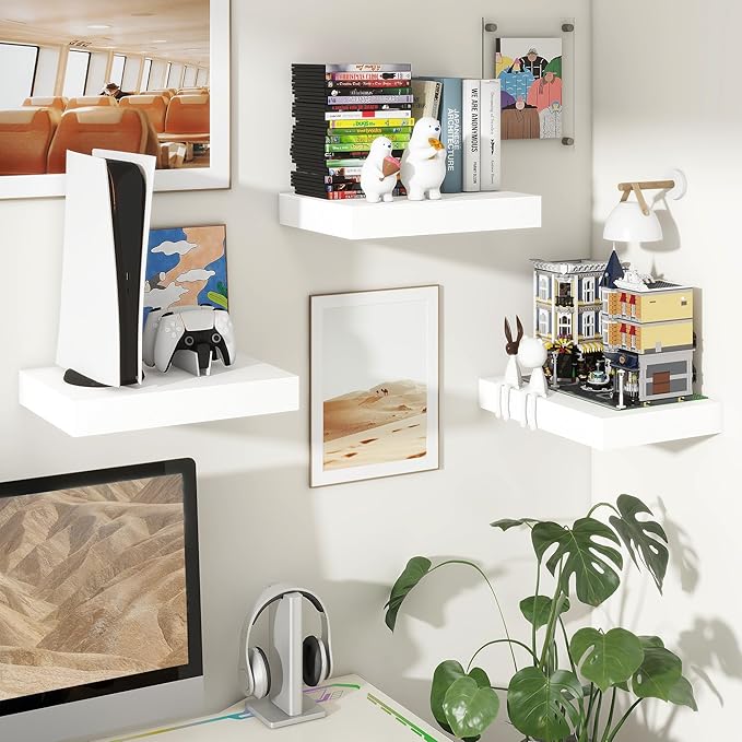 12 Inch Deep Floating Shelves | 16 Inch White Floating Shelves Set of 2 | Rustic White Deep Shelves for Wall | White Wall Shelves for Living Room Bathroom Kicthen Bedroom