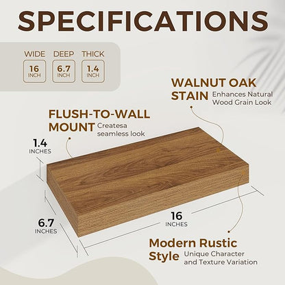 Dreamland 16 Inches Floating Shelves for Wall,6.7 Inch Deep Floating Shelves Set of 2, Large Display & Storage Shelf, Wall Shelf for Bathroom Bedroom Living Room Kitchen Office,Walnut