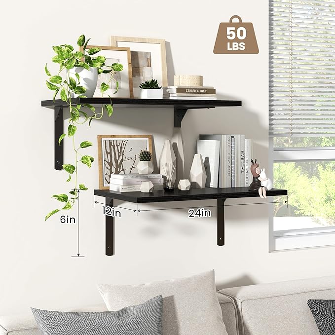 Fun Memories Floating Shelves for Wall, 12 Inch Deep Floating Shelves Set of 2, Wall Mounted Shelf with Metal Brackets, Rustic Wood Wide Shelf for Bathroom, Kitchen and Living Room, Black, 24W x 12D