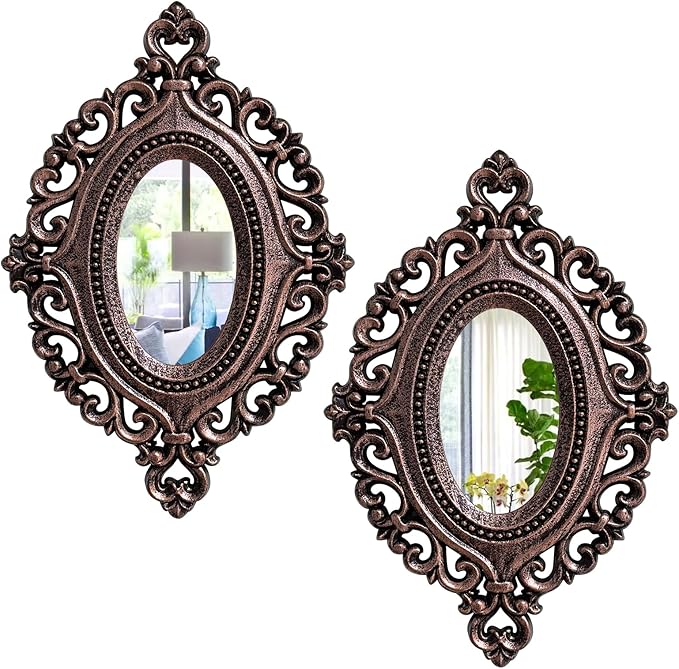 Cityelf 2 Set Oval Wood Carved Wall Mirror Baroque 3D Relief Rustic Home Decor Small Decorative Hanging Mirrors for Living Room, Bedroom Entrance Wall Sculpture