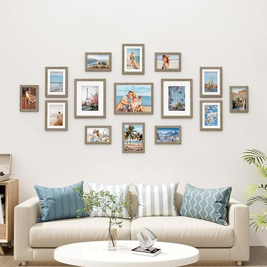 Vittanly 15 Pack Picture Frames Collage Wall Decor for Mounting or Tabletop Display, Gallery Frame Set for Family, Multi Sizes Including 3pcs 8x10, 6pcs 5x7, 6pcs 4x6, Grayish Brown