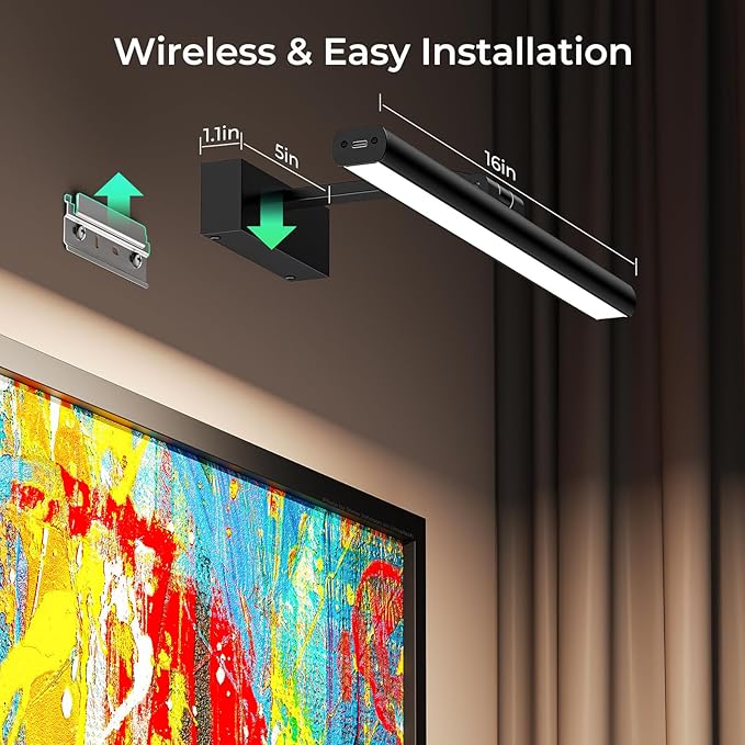 Wireless Picture Lights for Wall, Battery Operated Wall Light for Painting Rechargeable CCT Rotatable Art Gallery Light with Remote Dimmable Timer for Artwork Frame Display Dartboard (Black, 16inch)
