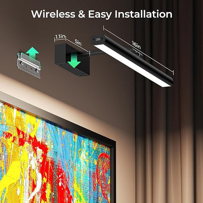 Wireless Picture Lights for Wall, Battery Operated Wall Light for Painting Rechargeable CCT Rotatable Art Gallery Light with Remote Dimmable Timer for Artwork Frame Display Dartboard (Black, 16inch)