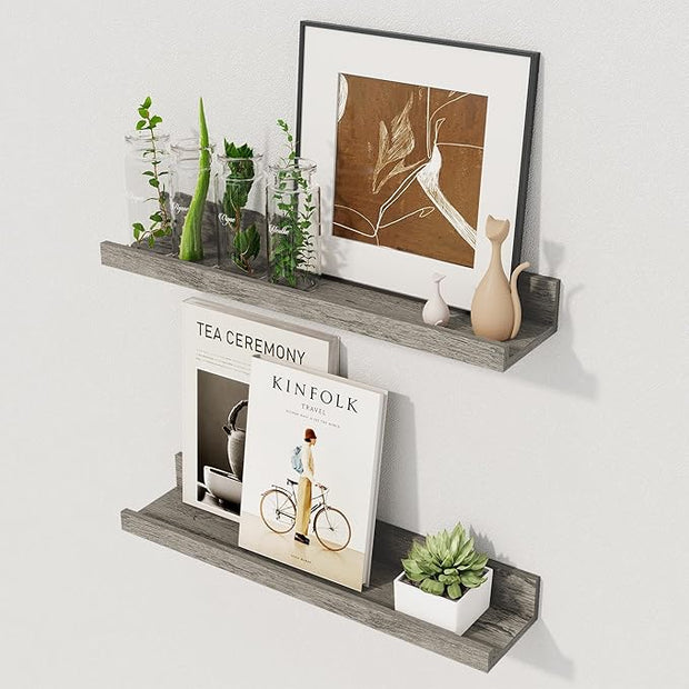Axeman Floating Shelves | Picture Ledge Shelf Set of 2 | Rustic Grey Wall Shelves with Lip | Grey Picture Shelf for Wall with Ledge | Photo Ledges 16 Inch