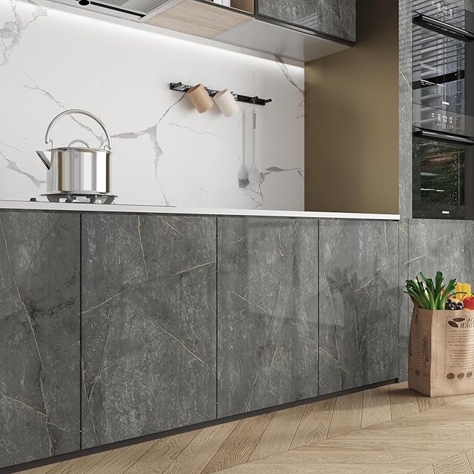 JSEVEM 31"×354" Extra Wide Thick Large Size Dark Grey Cyan Gold Marble Wallpaper Peel and Stick Glossy Gray Cyan Marble Contact Paper Faux Granite Wall Sticker for Bedroom Bathroom Living Room Walls