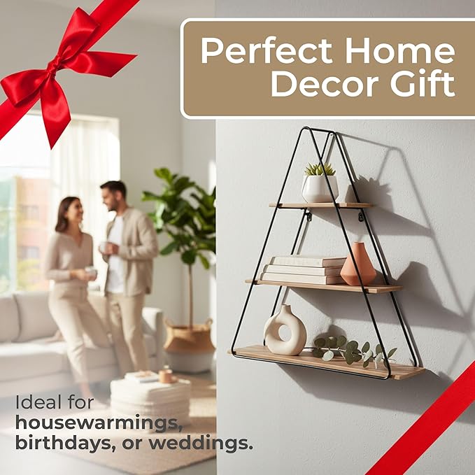 Sagebrook Home Triangle Wall Shelf - Modern Industrial Metal & Wood Floating Storage Unit - Rustic Hanging Display Shelves for Living Room, Bedroom, Office, Entryway - 26
