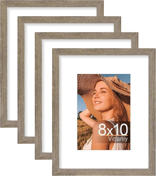 Vittanly 8x10 Picture Frames Set of 4, Display Pictures 5x7 with Mat or 8x10 without Mat, Gallery Frame Set for Wall or Tabletop, Engineered Wood with Shatter Resistant Plexiglass, Grayish Brown