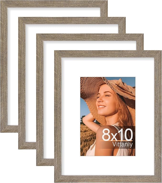 Vittanly 8x10 Picture Frames Set of 4, Display Pictures 5x7 with Mat or 8x10 without Mat, Gallery Frame Set for Wall or Tabletop, Engineered Wood with Shatter Resistant Plexiglass, Grayish Brown
