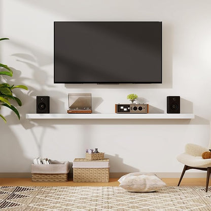 55 Inch Floating Shelves | 6.5 Inch Deep White Floating Shelves Set of 2 | 55" W x 6.5" D Rustic White Wood Wall Shelves with Invisible Brackets for Bathroom Living Room Bedroom
