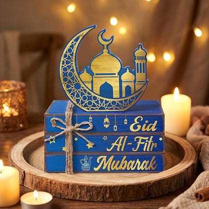 Geelin 4 Pcs Eid Mubarak Tiered Tray Decor Wooden Book Stack Signs, Blue Gold Islamic Crescent Moon Mosque Table Centerpiece for Ramadan Home Shelf Coffee Bar Mantel Decorations