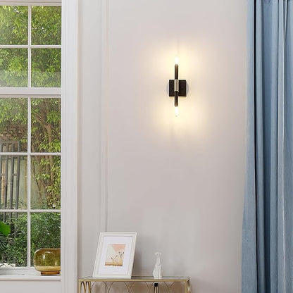 Globe Electric 65000044 2-Light Wall Sconce, Matte Black, Antique Brass Accent, E12 Base Sockets, Lights for Living Room, Home Decor, Lighting, Mounted Bedside Lamp