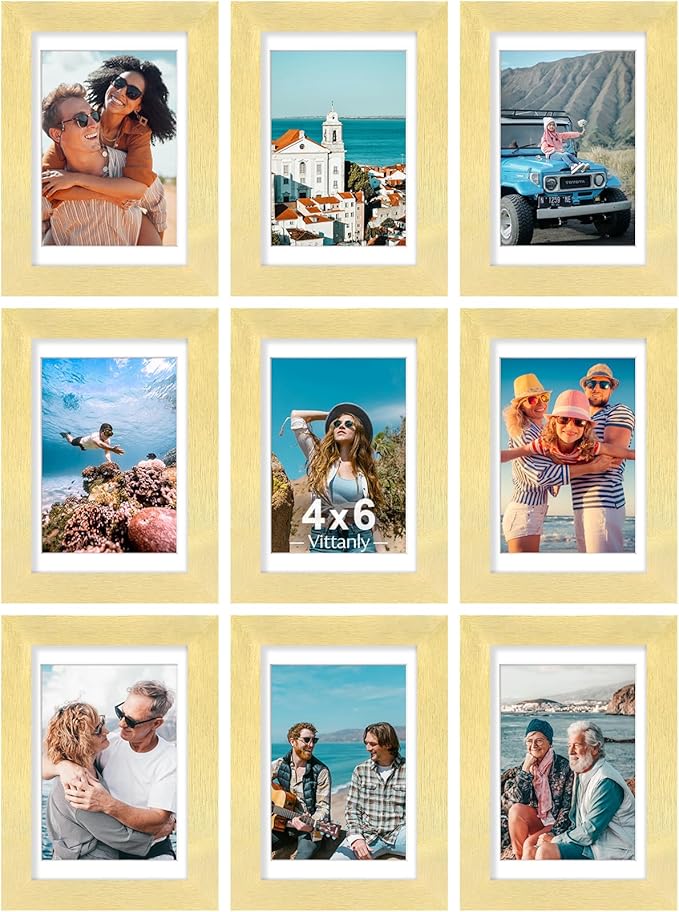 Vittanly 4x6 Picture Frames Set of 9, Shatter Resistant Plexiglass, Display 3.5x5 Pictures with Mat or 4x6 without Mat, Photo Frames for Wall or Tabletop, Engineered Wood, Gold
