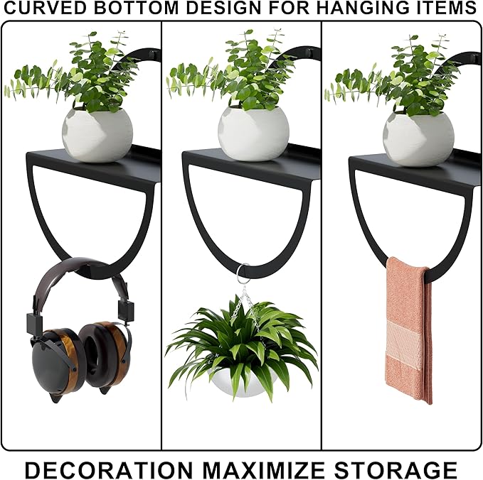 Floating Wall Shelves Set of 2, 11.8 Inch Round Metal Shelves for Wall Decor, One-Tier Small Display Shelf for Bedroom, Living Room, Bathroom, Kitchen Storage & Decoration, Black