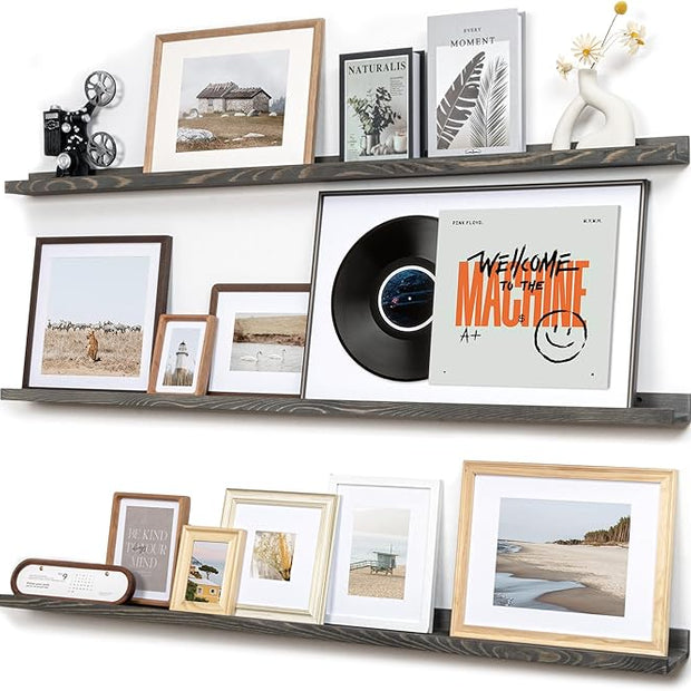 Picture Ledge Wall Shelves 56 Inches Width Set of 3, Solid Pine Wood Rustic Floating Ledge for Kids' Room Bedroom Kitchen Bathroom, Long Floating Shelves for Wall Decor, Grey