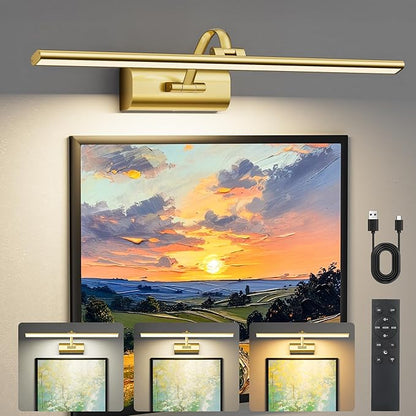 AIFEI Wireless Picture Lights for Wall Battery Operated, 8000mAh Long-Last Lights for Pictures on Wall, Remote & Touch, 3 Color Dimmable No Wiring Needed Art Light for Paintings Poster, 23.6" Brass