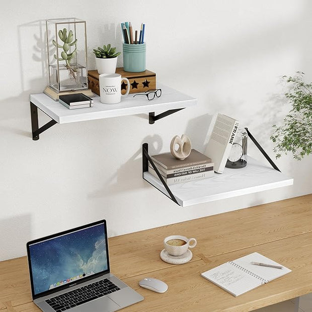 Floating Shelves, 12 Inch Deep Rustic Wood Wall Storage, 16W x 12D Wall Shelves Set of 2, Heavy Duty Metal Brackets, Large Industrial Book Shelf for Living Room, Kitchen, Bedroom, White