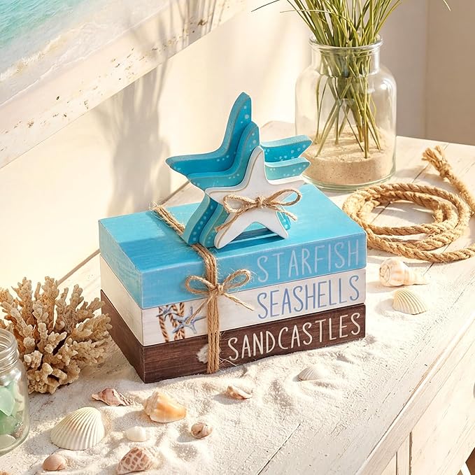 Geelin 4 Pcs Summer Beach Tiered Tray Decor Wooden Book Stack Signs, Starfish Seashell Coastal Nautical Table Centerpiece for Shelf Coffee Bar Home Kitchen Beach House Decorations