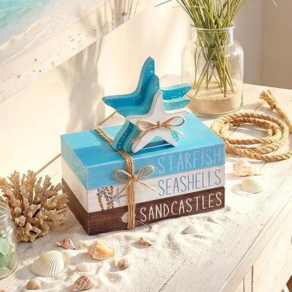 Geelin 4 Pcs Summer Beach Tiered Tray Decor Wooden Book Stack Signs, Starfish Seashell Coastal Nautical Table Centerpiece for Shelf Coffee Bar Home Kitchen Beach House Decorations