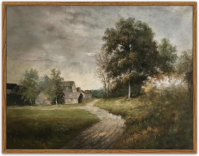 SHENIFY Landscape Vintage Framed Canvas Wall Art Classical Village Prints Farmhouse Bathroom Office Decor - 11x14in Natural Framed