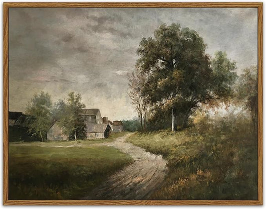 SHENIFY Landscape Vintage Framed Canvas Wall Art Classical Village Prints Farmhouse Bathroom Office Decor - 11x14in Natural Framed