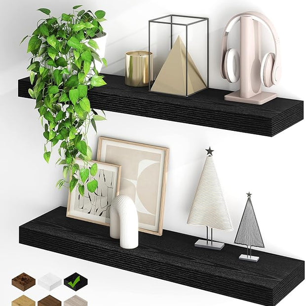 Fun Memories Floating Shelves for Wall, 32Inch Floating Shelves Set of 2, Hanging Shelf with Invisible Brackets, Wood Shelves for Living Room, Bedroom, Kitchen, Black