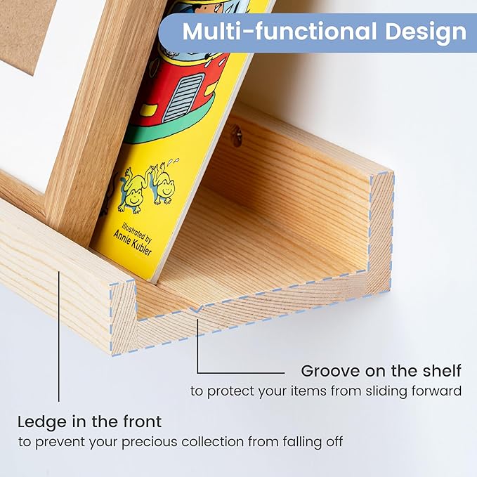 Picture Ledge Shelf, Floating Shelves Set of 2, Solid Ash Wood 56'' Long Large Nursery Book Shelves for Toys Storage, Kids Bookshelf for Living Room Bedroom Decor Books Photo Frames, Natural