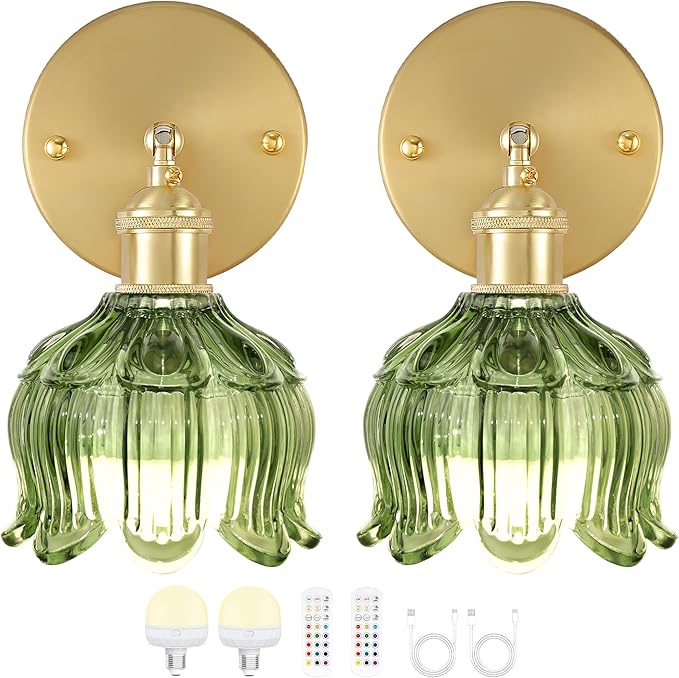 Vintage Battery Wall Sconce with Flower lampshade,Rechargeable Battery Powered Wall Lights,Wall lamp with 15 Colors for Bedroom Living Room Home Decor (Flower Green, 2 Light Battery Operated)