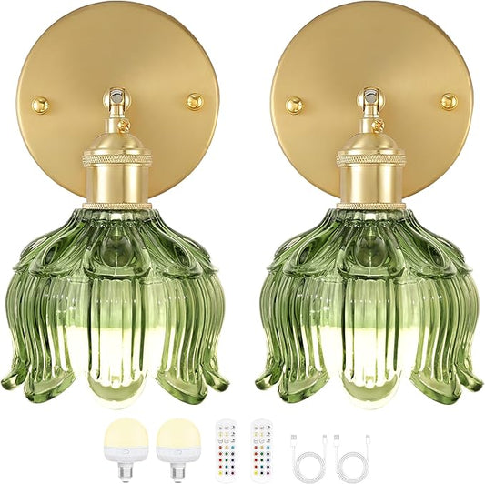 Vintage Battery Wall Sconce with Flower lampshade,Rechargeable Battery Powered Wall Lights,Wall lamp with 15 Colors for Bedroom Living Room Home Decor (Flower Green, 2 Light Battery Operated)