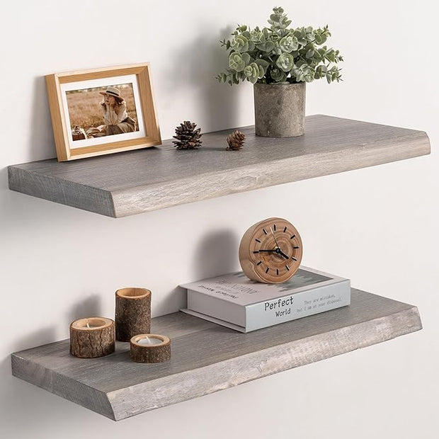 Live Edge Floating Shelves Set of 2, 24 Inch Solid Elm Wood Wall Shelves - Invisible Bracket Mount for Living Room, Bedroom, Kitchen, Bathroom | Weathered Gray