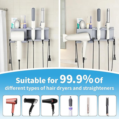 Blow Dryer Holder, 2 Installation Methods (Adhesive & Screws) Hair Dryer Holder Wall Mounted, Metal Hair Tool Organizer for Curling Iron, Straightener, Bathroom Wall Organizer, Gray