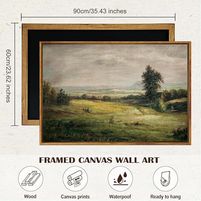 SHENIFY 24x36in Large Vintage Landscape Framed Canvas Wall Art The Vast Grassland Classic Wall Prints Modern Farmhouse Bathroom Office Decor - Natural Framed