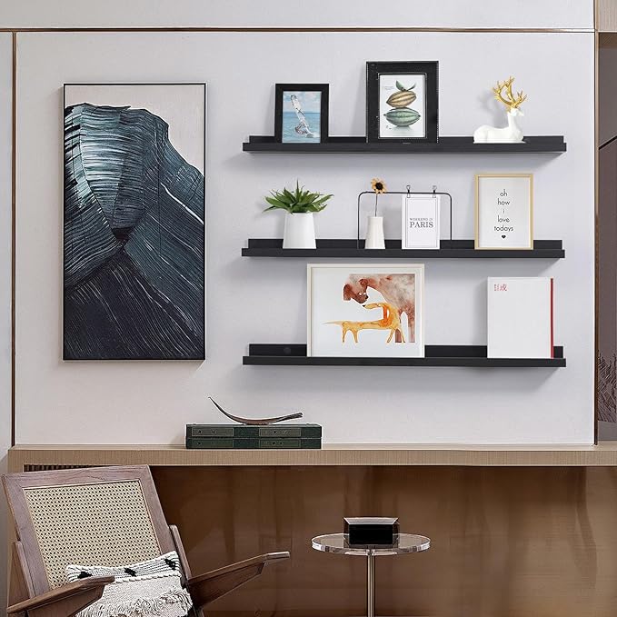MBYD 36 Inch Picture Ledge Shelf with Lip Modern Black Floating Photo Shelves Natural Wood Set of 3 Same Sizes Frames Albums Display Shelf for Bedroom Bathroom Living Room Kitchen
