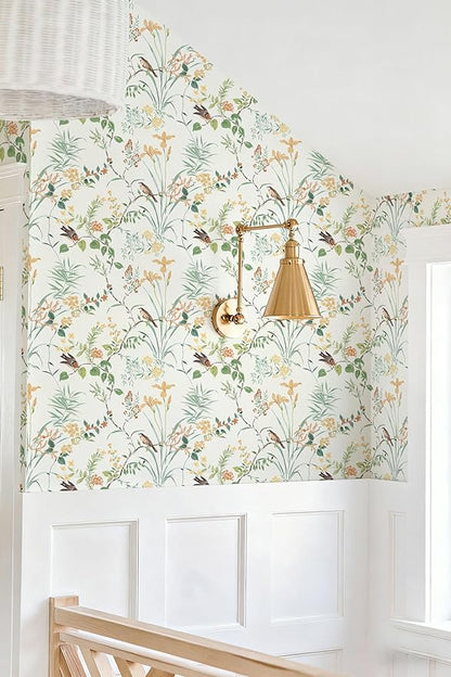 Erfoni 16.9" x118" Boho Floral Peel and Stick Wallpaper Colorful Floral and Birds Contact Paper DIY Self Adhesive Removable Wallpaper for Bedroom Cabinet Decor Modern Flower Leaf Wall Paper Vinyl Roll