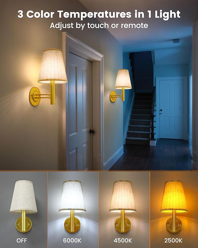 Battery Operated Wall Sconces Lights for Bedroom Set of 2, Wireless Rechargeable LED Wall Lamp with Remote & Touch Control, Wall Mount Lighting Fixture for Living Room, Satin Gold
