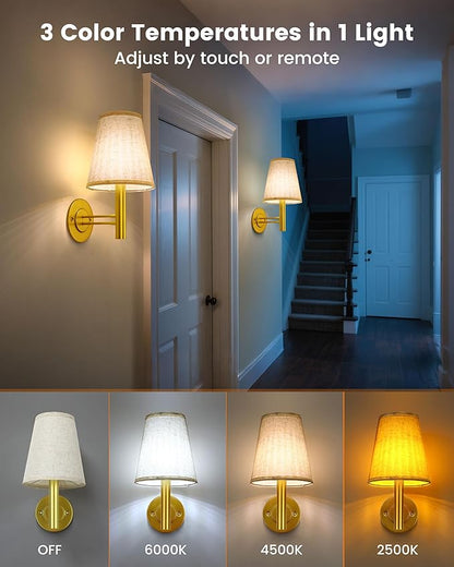 Battery Operated Wall Sconces Lights for Bedroom Set of 2, Wireless Rechargeable LED Wall Lamp with Remote & Touch Control, Wall Mount Lighting Fixture for Living Room, Satin Gold