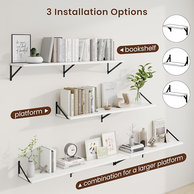 Axeman 48 Inch Floating Shelves | 10 Inch Deep White Wall Shelves Set of 2 | 48