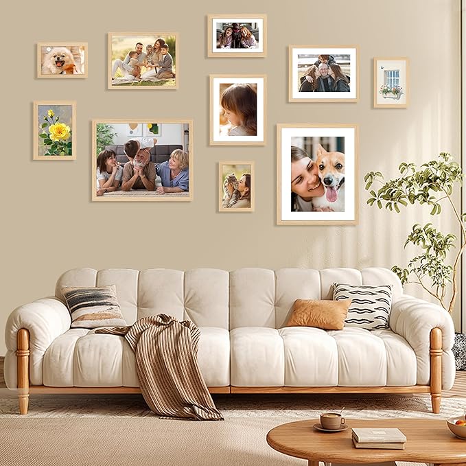 FIXSMITH 8x10 Picture Frame Bulk-4 Pack, Photo Frame with HD Plexiglass, Display Pictures 5x7 with Mat or 8x10 Without Mat, Natural Picture Frames Collage Wall Decor, Wall & Tabletop Picture Frames