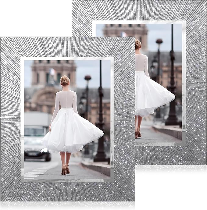 6x8 Picture Frame Glass 2 Pack, Sparkly Glitter Photo Frame 6 x 8 Mirror Crystal Wedding Gift Wall and Tabletop Display